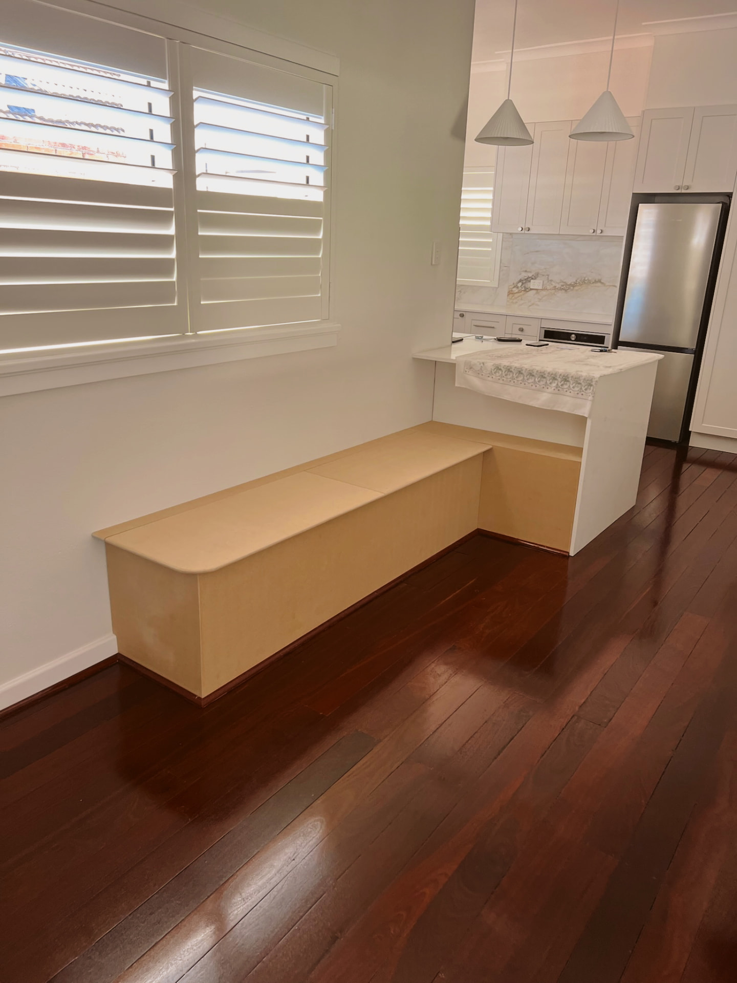 Custom bench seats & window nooks — build stage 4