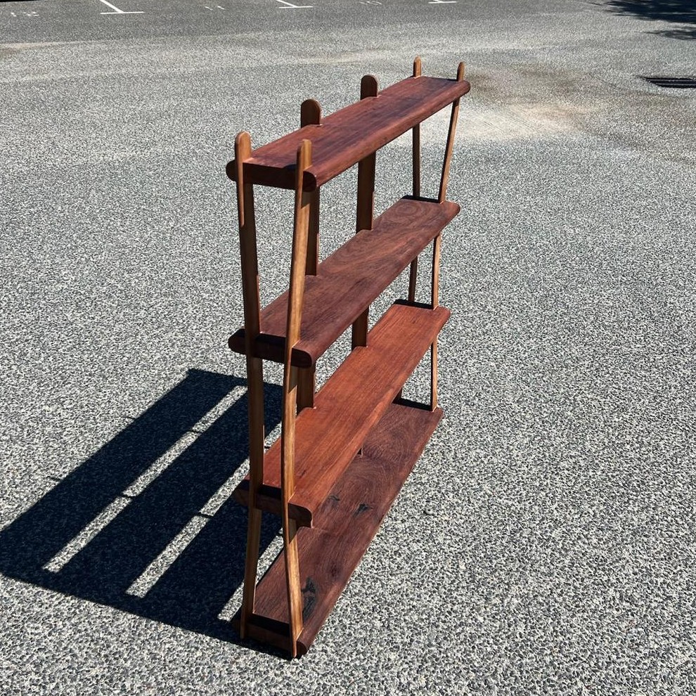 Finished four-tier jarrah shelf unit photographed outdoors