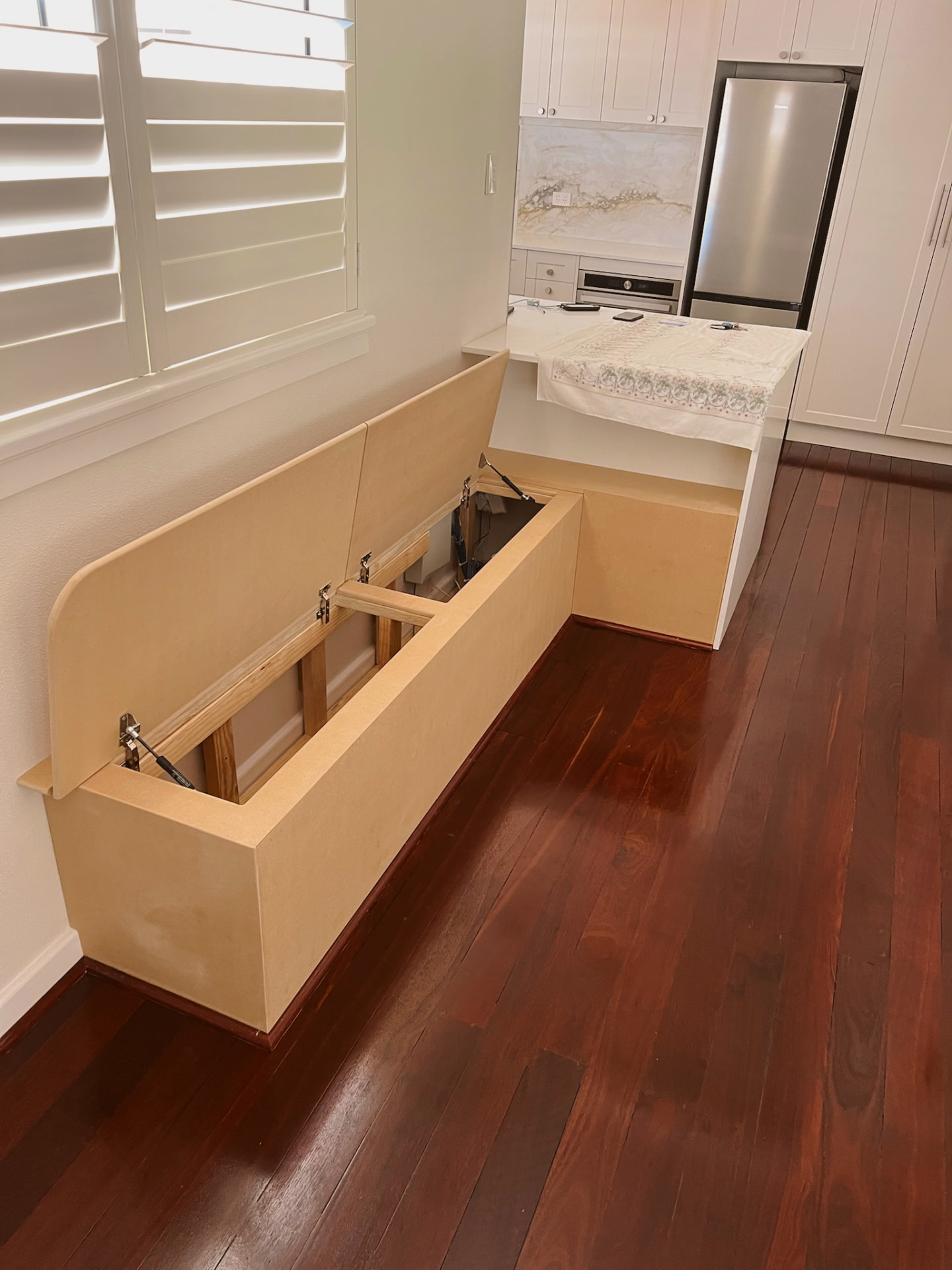 Custom bench seats & window nooks — build stage 3